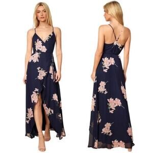 🚨NEW LULUS Loiselle Blue Floral Polka Dot Wrap Maxi Dress Wedding Prom Size S